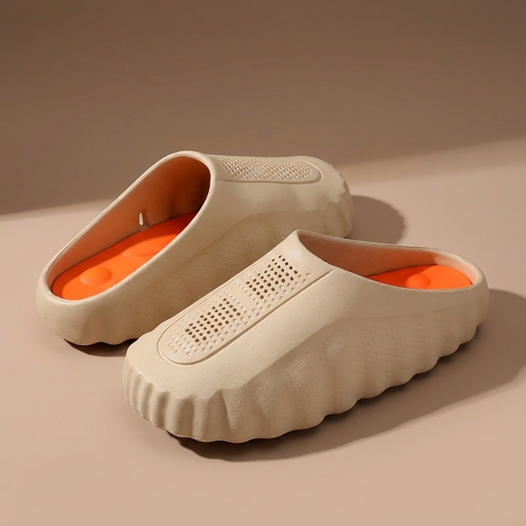 Closed-toe slip-on slippers with perforated upper, ridged sole and contrast orange grip dots - view 8