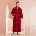 Long plush fleece robe with shawl collar, white piping, patch pockets and tie belt - view 15