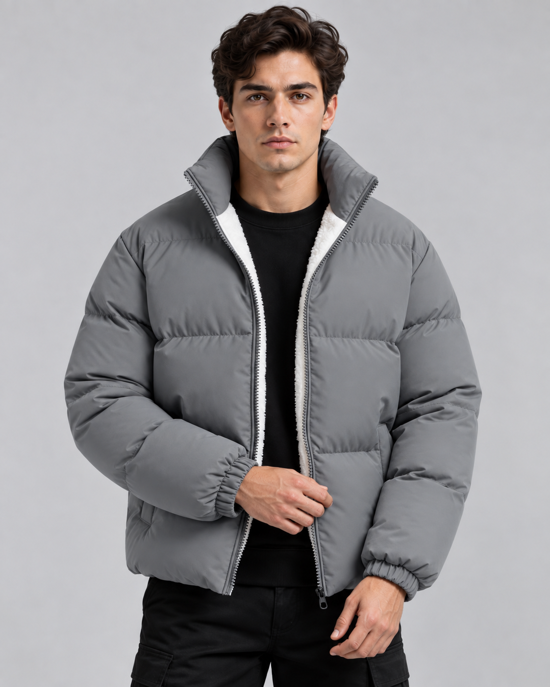 Men's gray fleece lined puffer jacket with stand collar and full zip