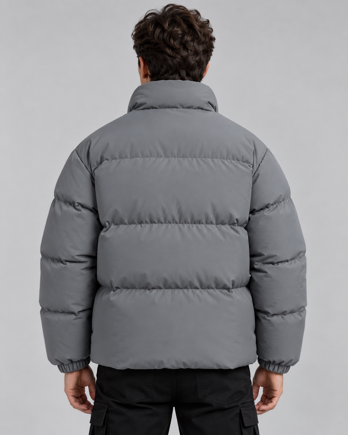 Men's gray fleece lined puffer jacket with stand collar and full zip - view 2