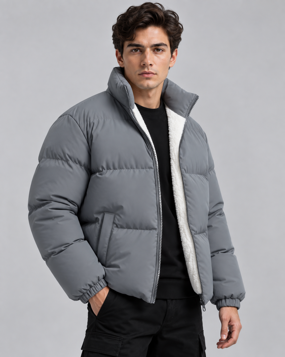 Men's gray fleece lined puffer jacket with stand collar and full zip - view 3