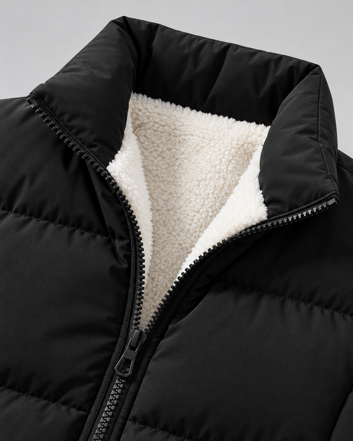Men's gray fleece lined puffer jacket with stand collar and full zip - view 5