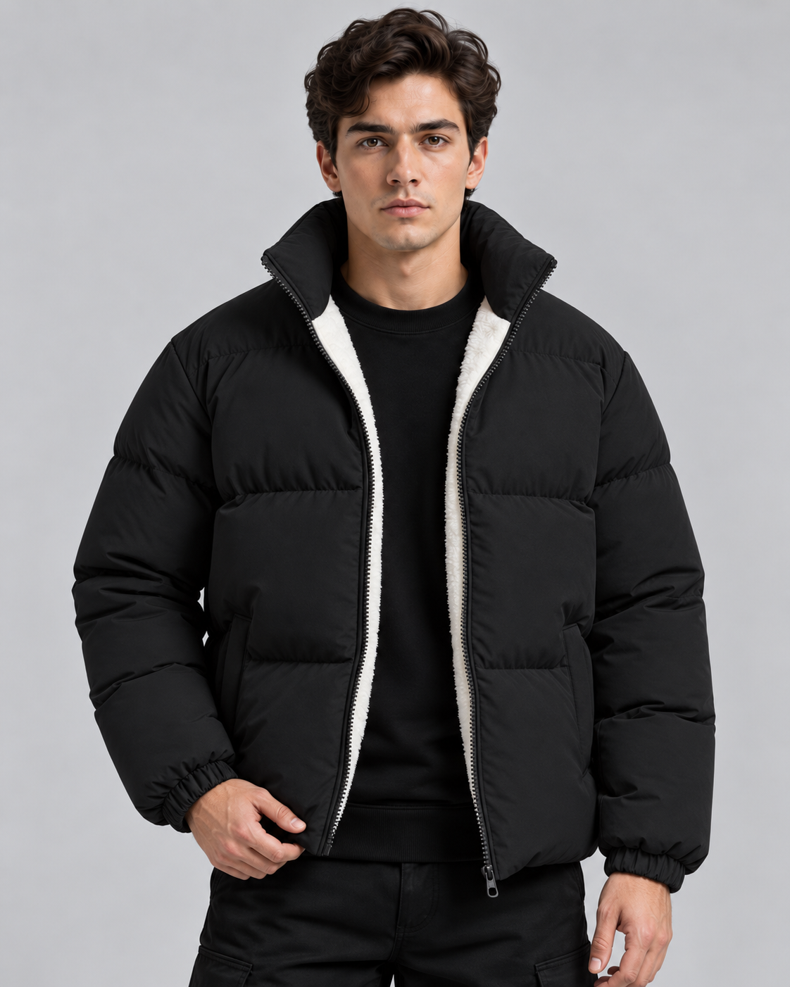 Men's gray fleece lined puffer jacket with stand collar and full zip - view 6