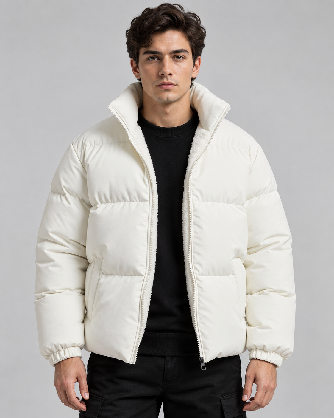 Men's gray fleece lined puffer jacket with stand collar and full zip - view 7