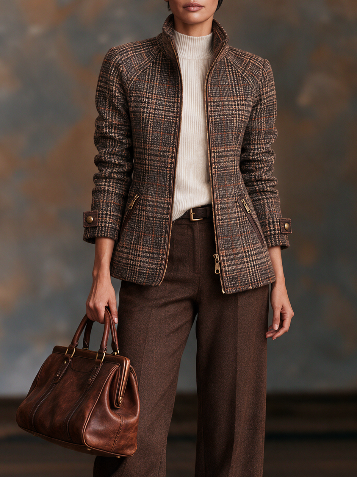 Fitted women's brown plaid jacket with stand collar