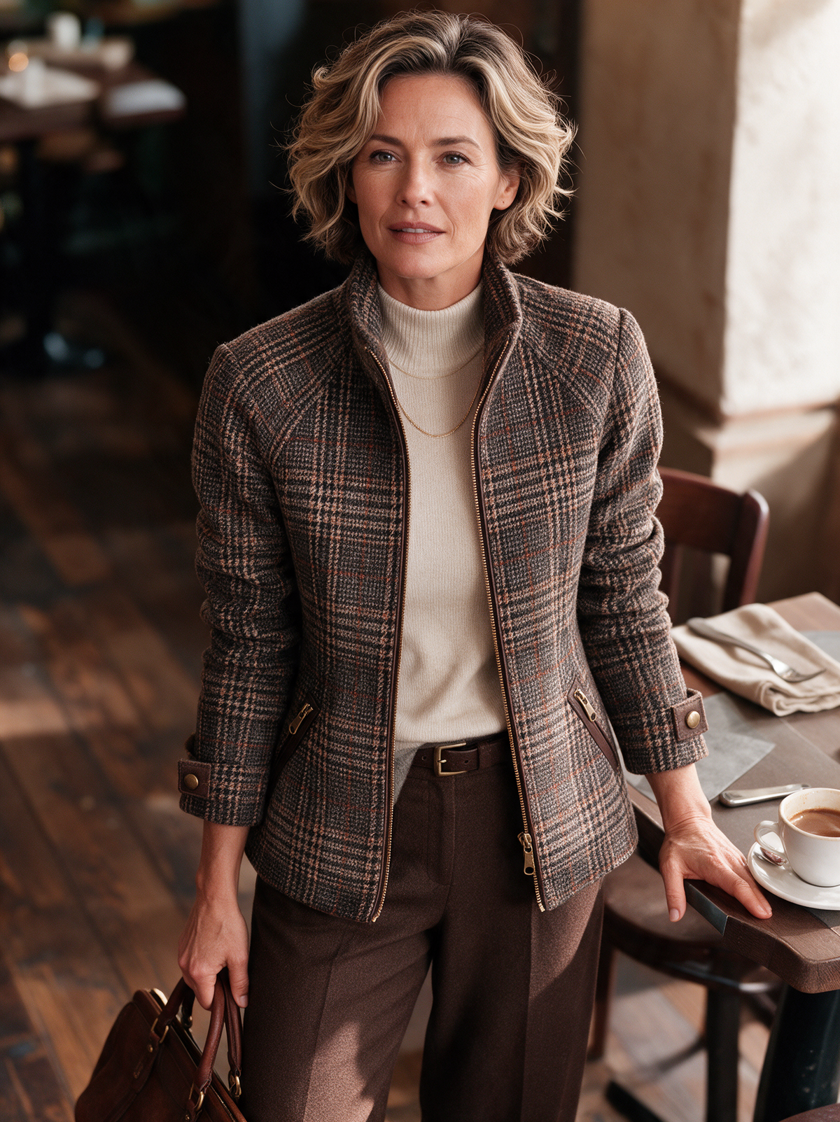Fitted women's brown plaid jacket with stand collar - view 3