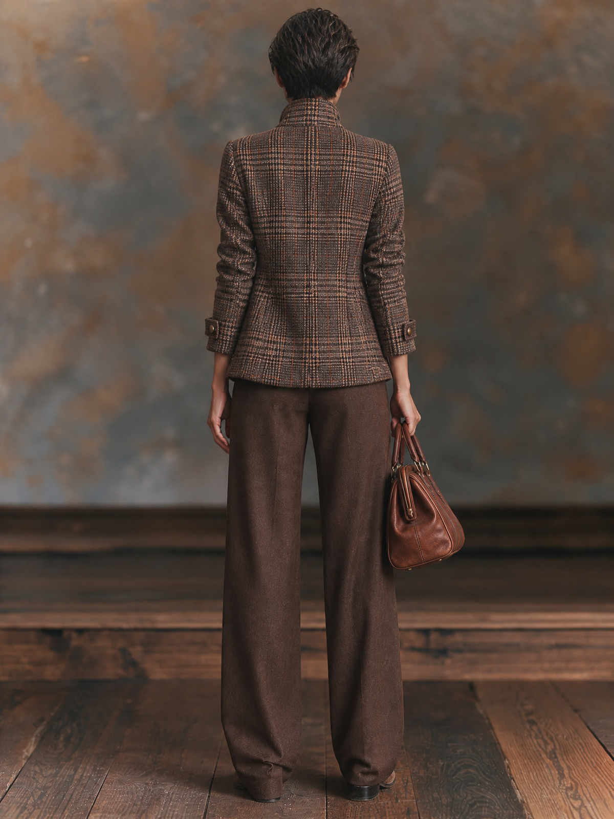 Fitted women's brown plaid jacket with stand collar - view 4