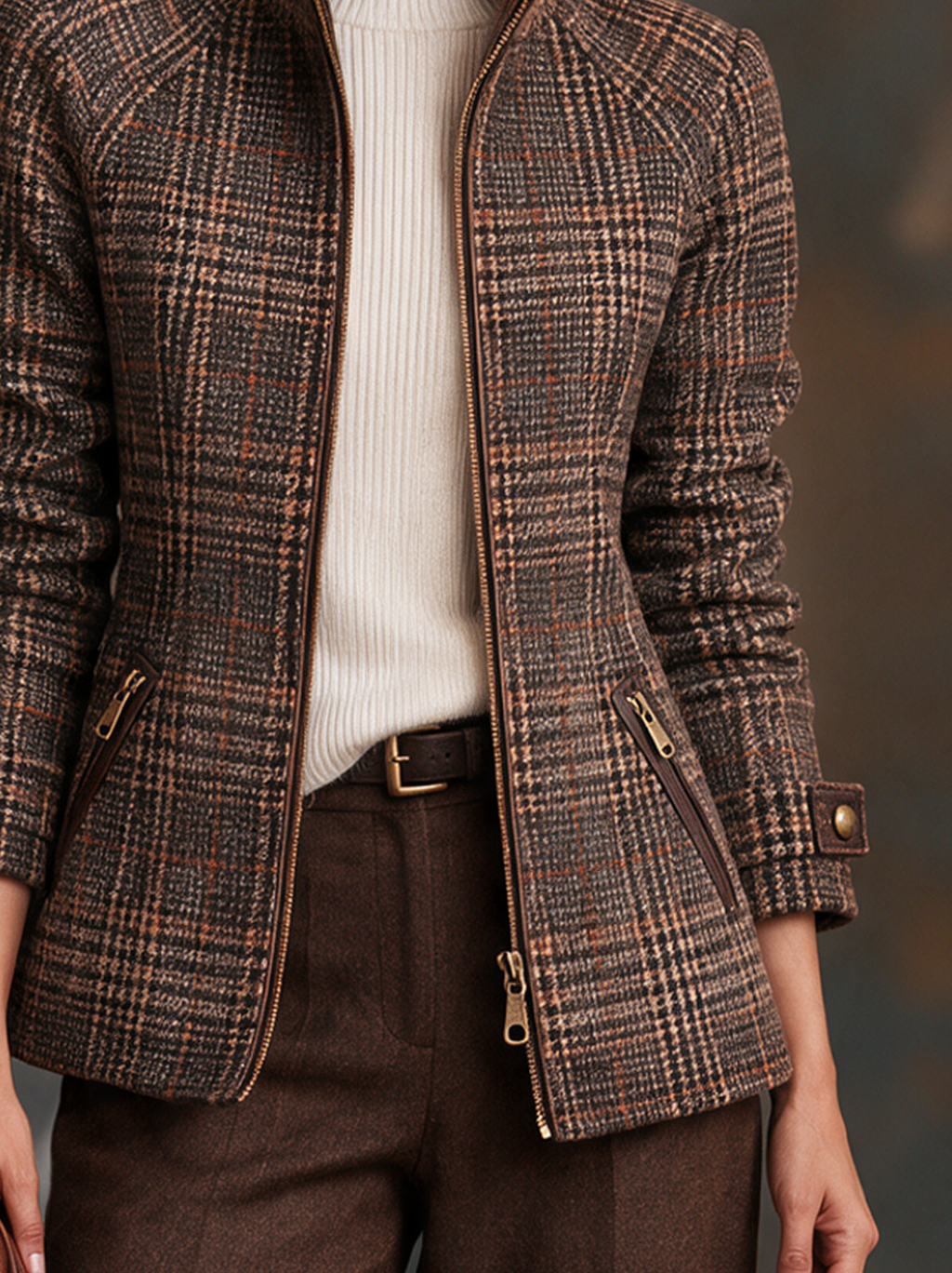 Fitted women's brown plaid jacket with stand collar - view 5
