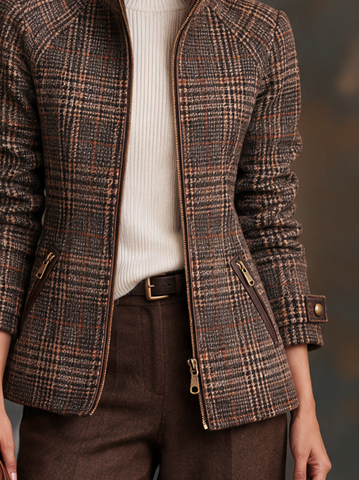 Fitted women's brown plaid jacket with stand collar - view 5