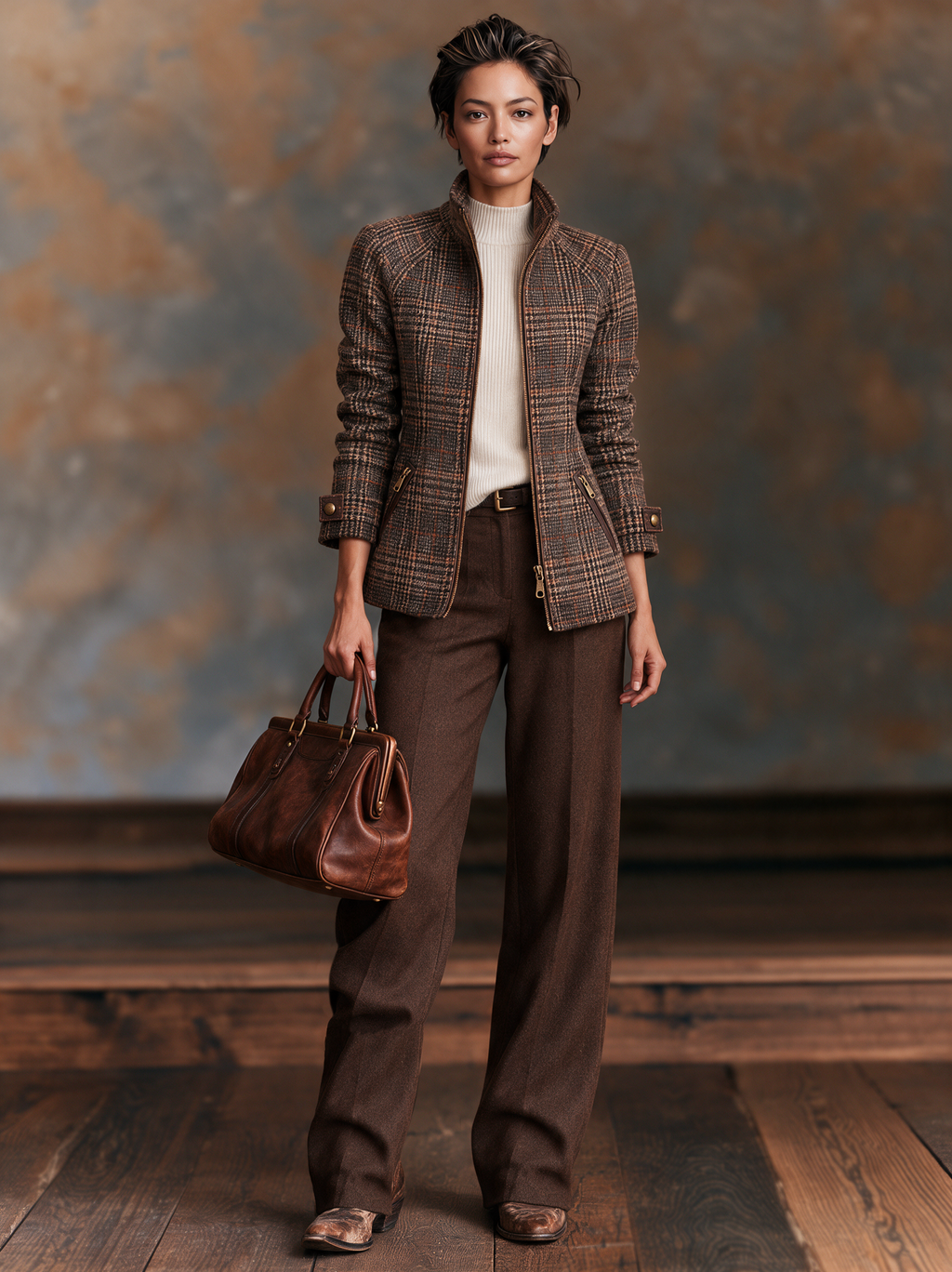 Fitted women's brown plaid jacket with stand collar - view 6