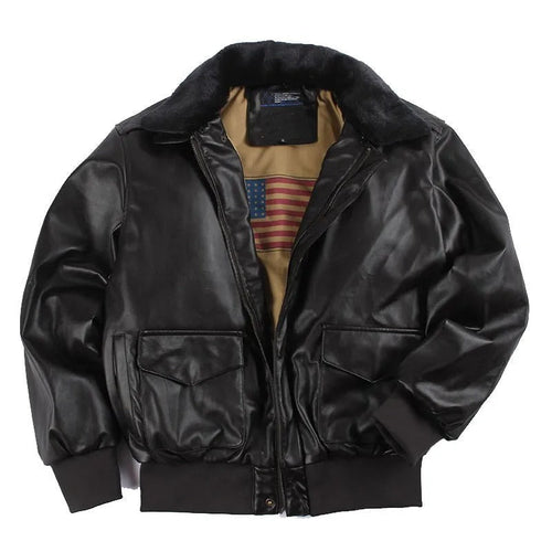 Men's aviator shearling collar leather flight jacket, side view