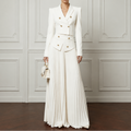 White women's cropped blazer set with long pleated skirt and gold-tone buttons - view 15