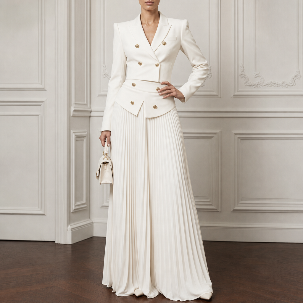 White women's cropped blazer set with long pleated skirt and gold-tone buttons - view 2