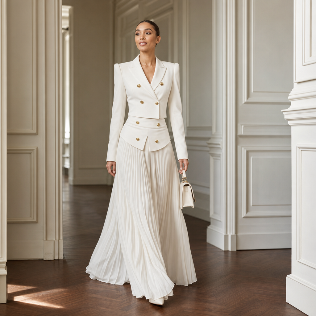White women's cropped blazer set with long pleated skirt and gold-tone buttons - view 3