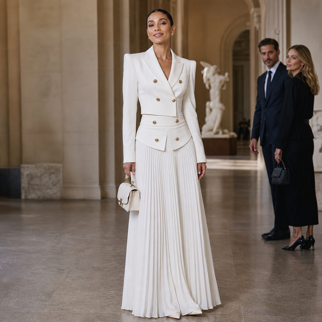 White women's cropped blazer set with long pleated skirt and gold-tone buttons - view 4