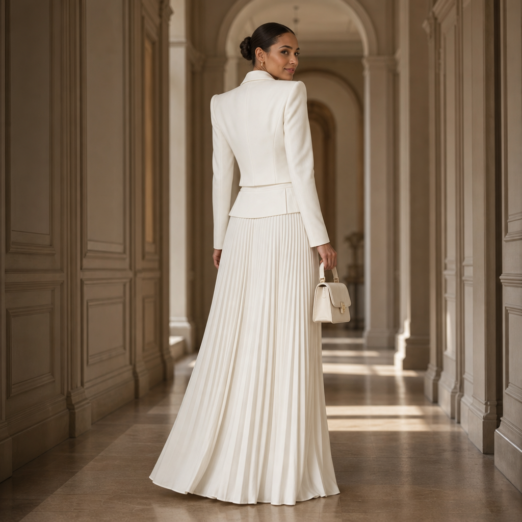 White women's cropped blazer set with long pleated skirt and gold-tone buttons - view 5