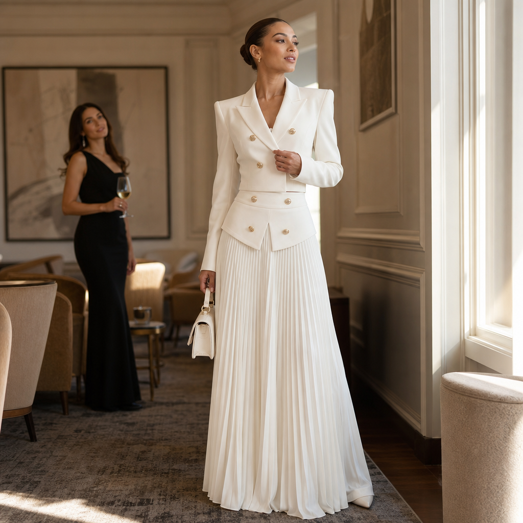 White women's cropped blazer set with long pleated skirt and gold-tone buttons - view 6