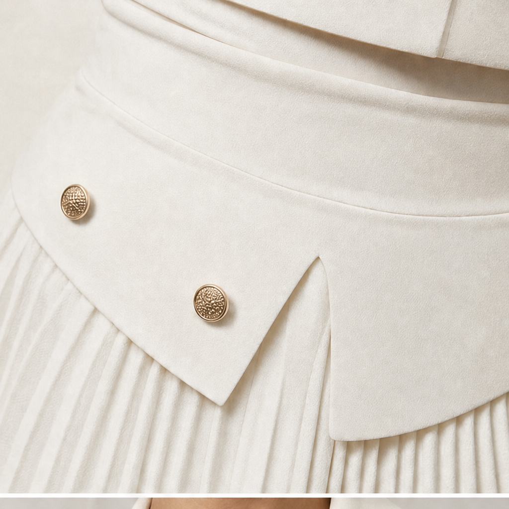 White women's cropped blazer set with long pleated skirt and gold-tone buttons - view 8