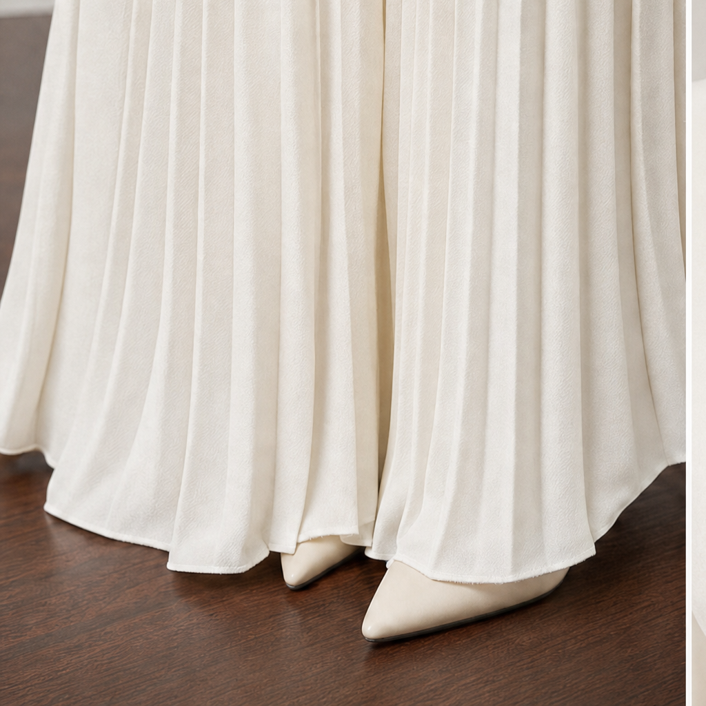 White women's cropped blazer set with long pleated skirt and gold-tone buttons - view 9