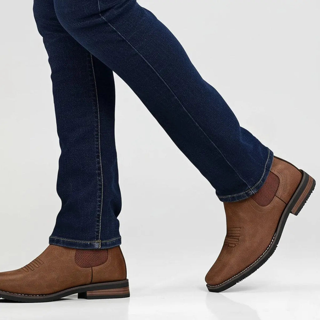 Men's western stitch chelsea ankle boots, back view