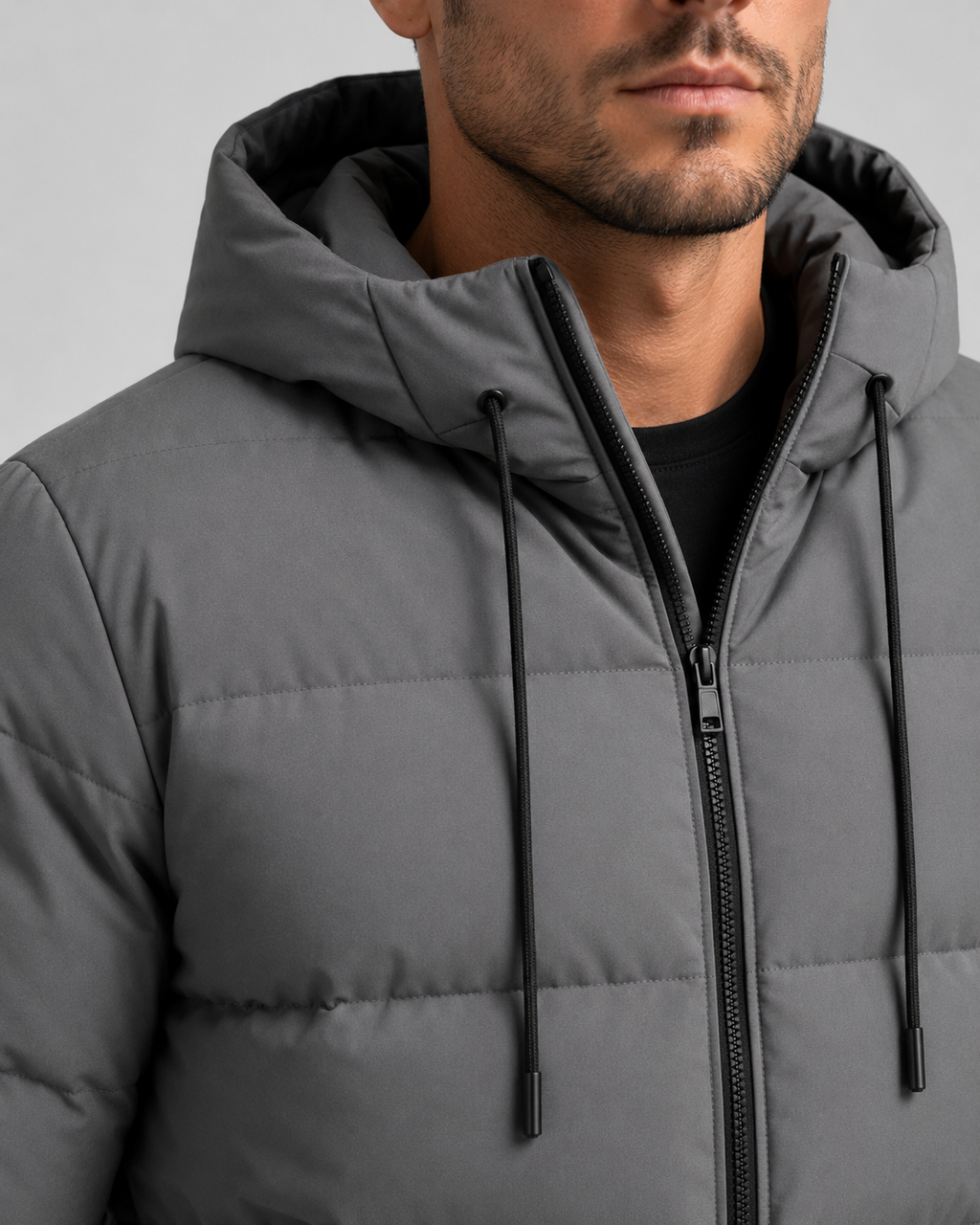 Men's water repellent hooded puffer jacket, side view