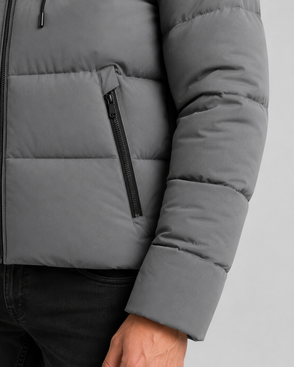Men's water repellent hooded puffer jacket, back view