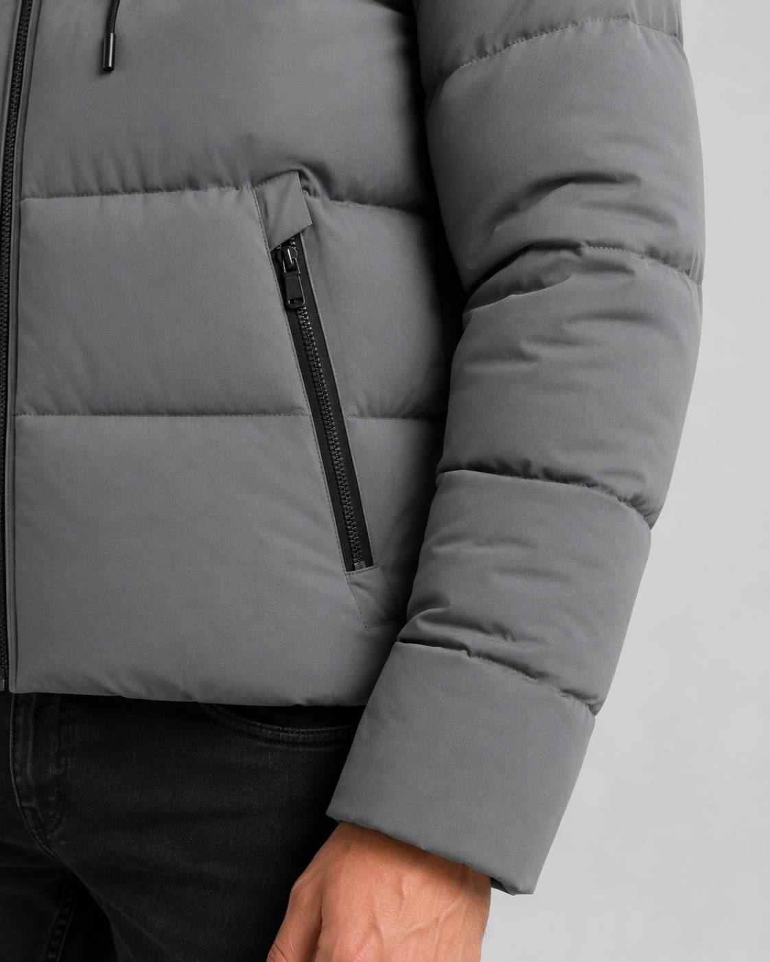 Men's water repellent hooded puffer jacket, back view