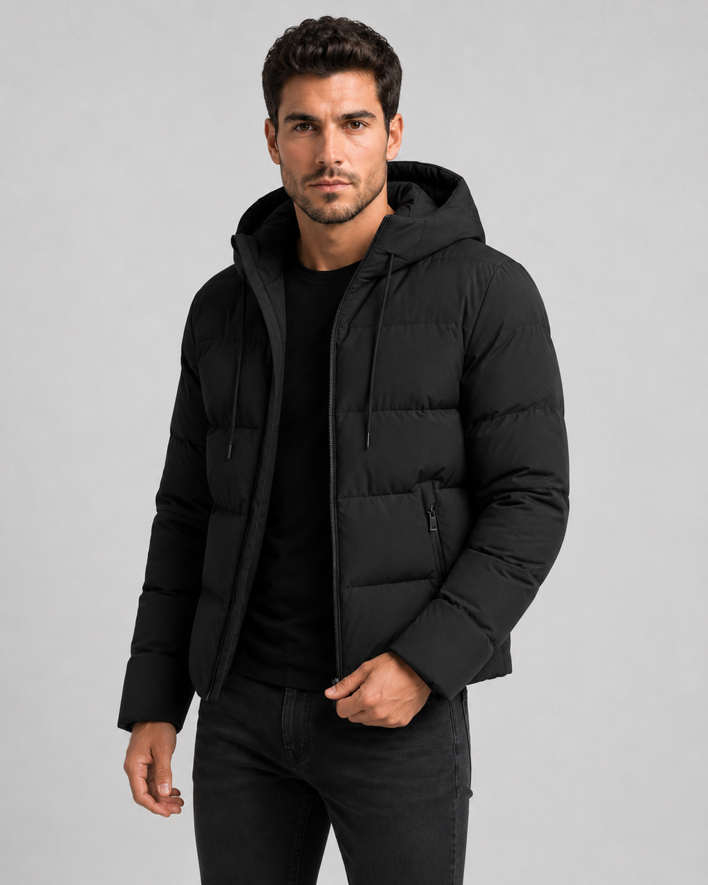 Men's water repellent hooded puffer jacket, detail