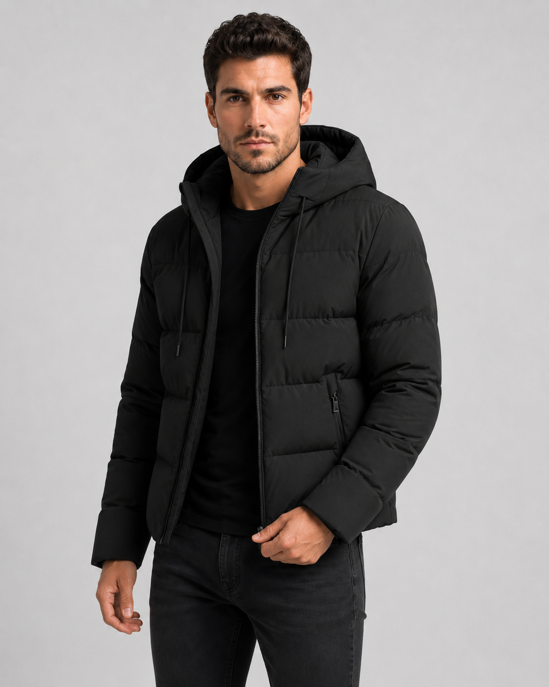 Men's water repellent hooded puffer jacket, detail