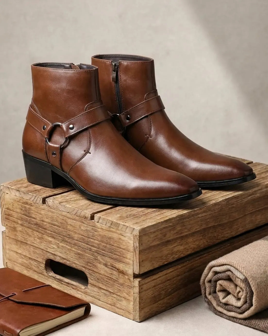 Men's harness strap pointed ankle boots, side view