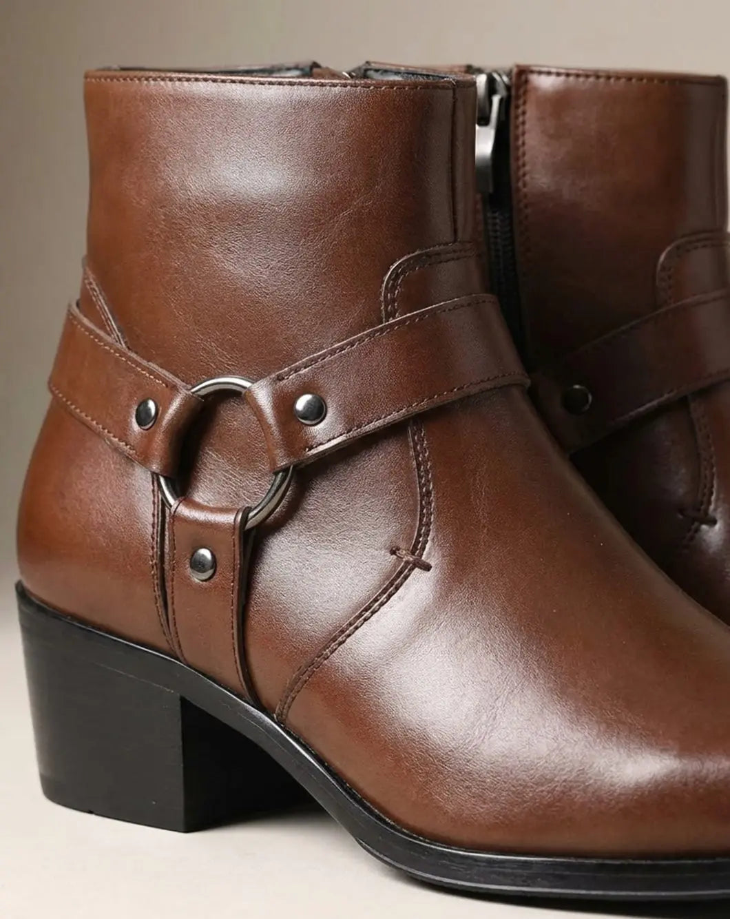 Men's harness strap pointed ankle boots, back view