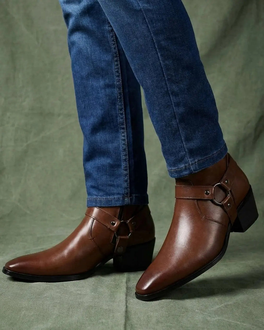 Men's harness strap pointed ankle boots, view 5