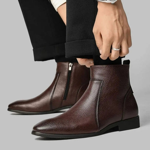 Men's pointed toe side zip leather boots, side view