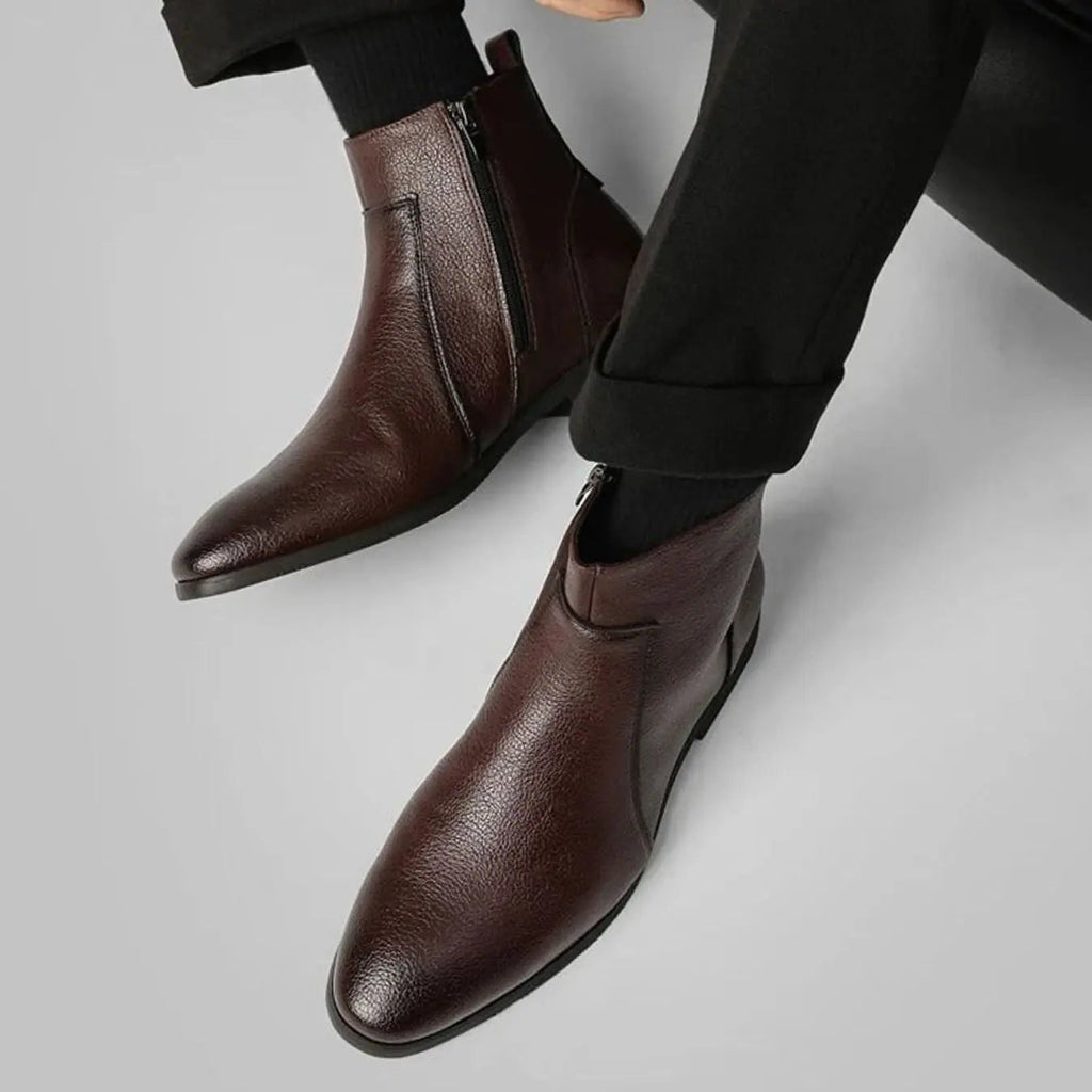 Men's pointed toe side zip leather boots, back view