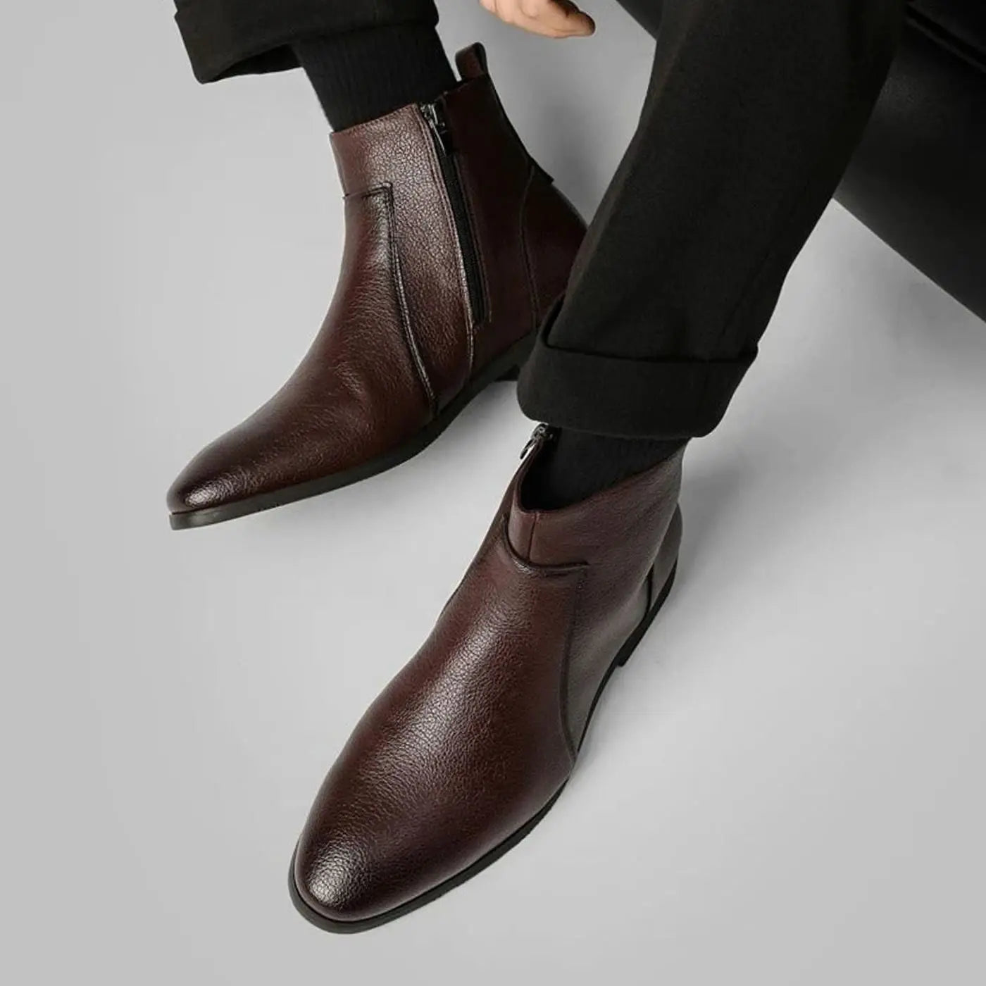 Men's pointed toe side zip leather boots, view 7