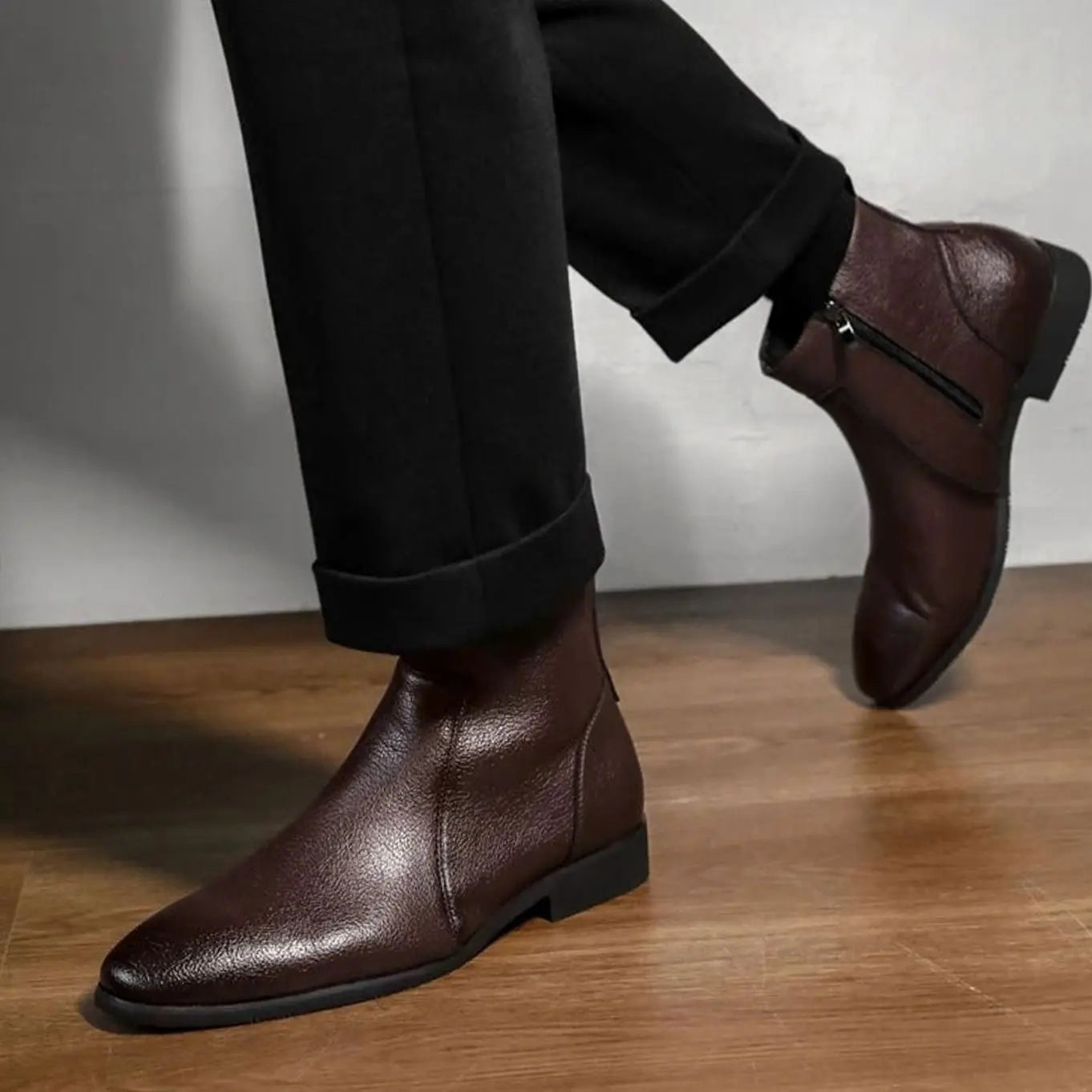 Men's pointed toe side zip leather boots, view 8