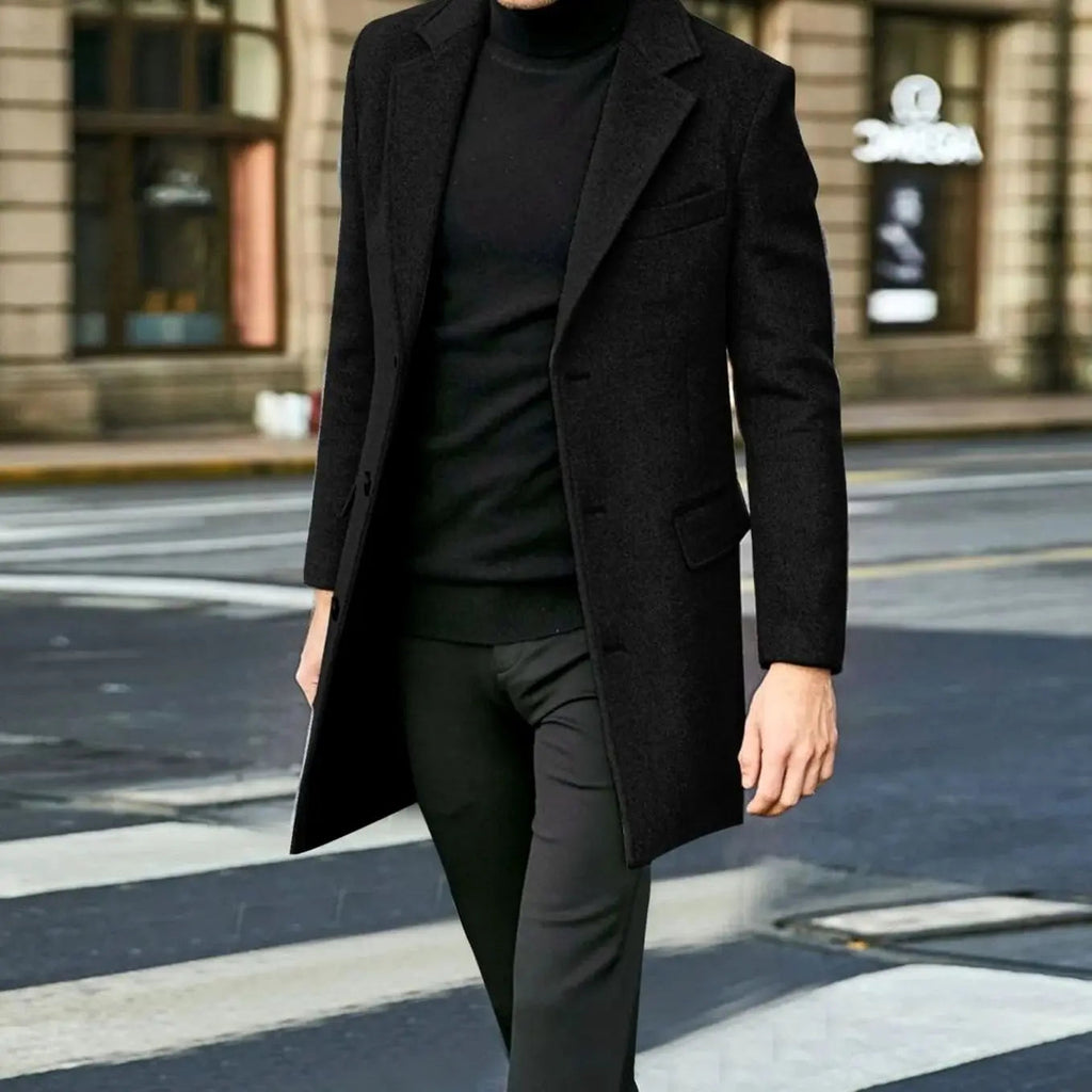 Men's notched lapel single breasted overcoat, side view