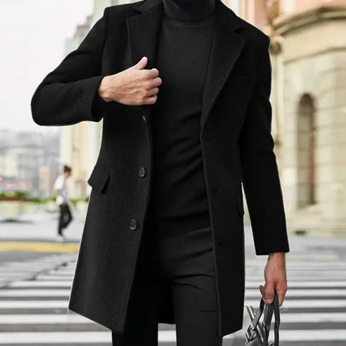 Men's notched lapel single breasted overcoat, back view