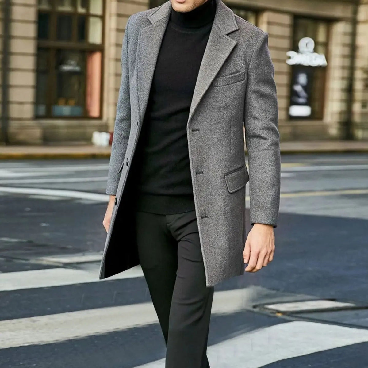 Men's notched lapel single breasted overcoat, detail