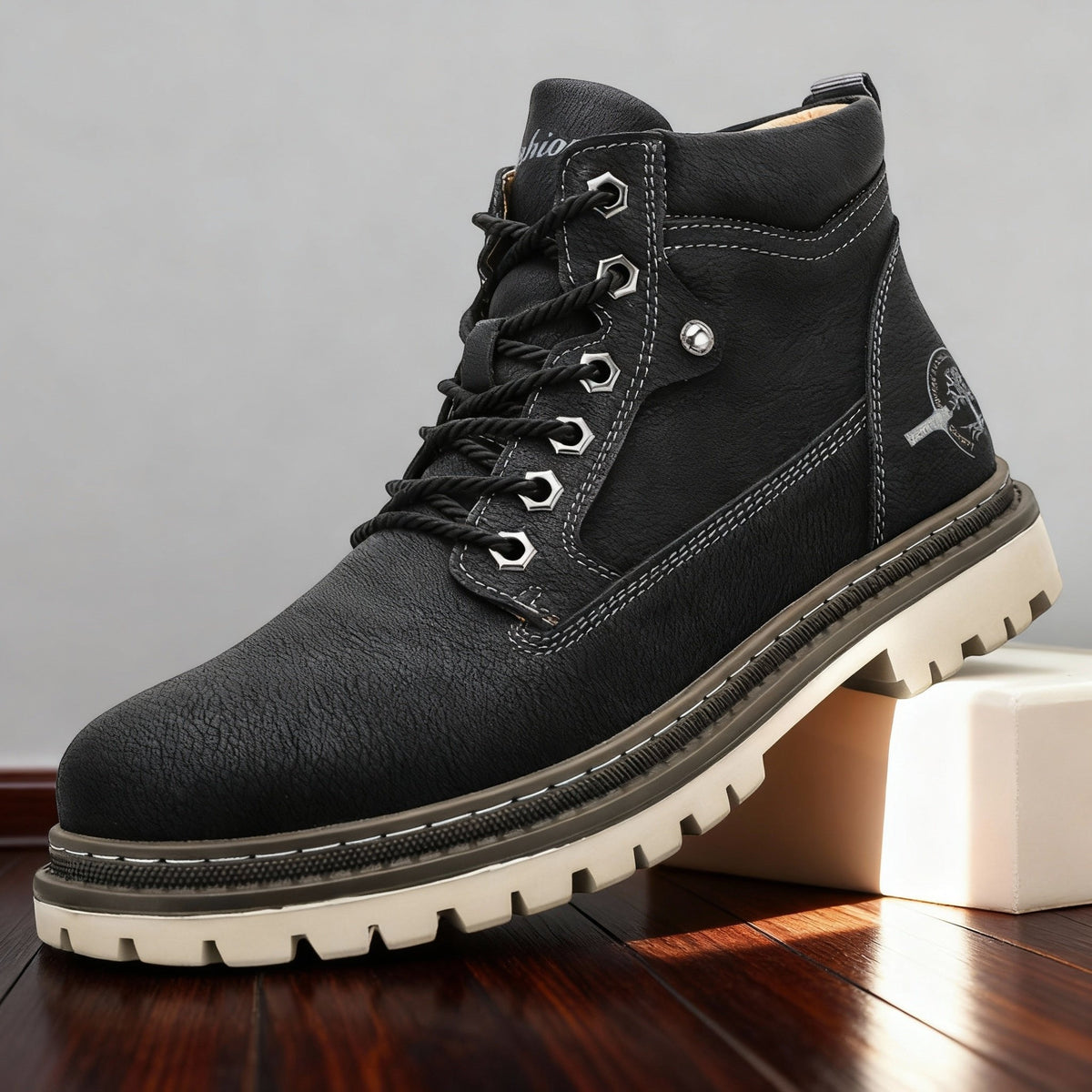 Men's anti slip leather work boots, back view