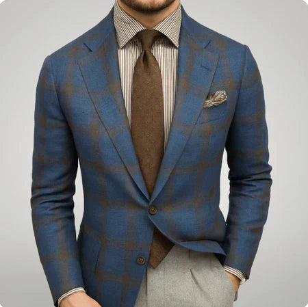 Men's notch lapel two button blazer, side view