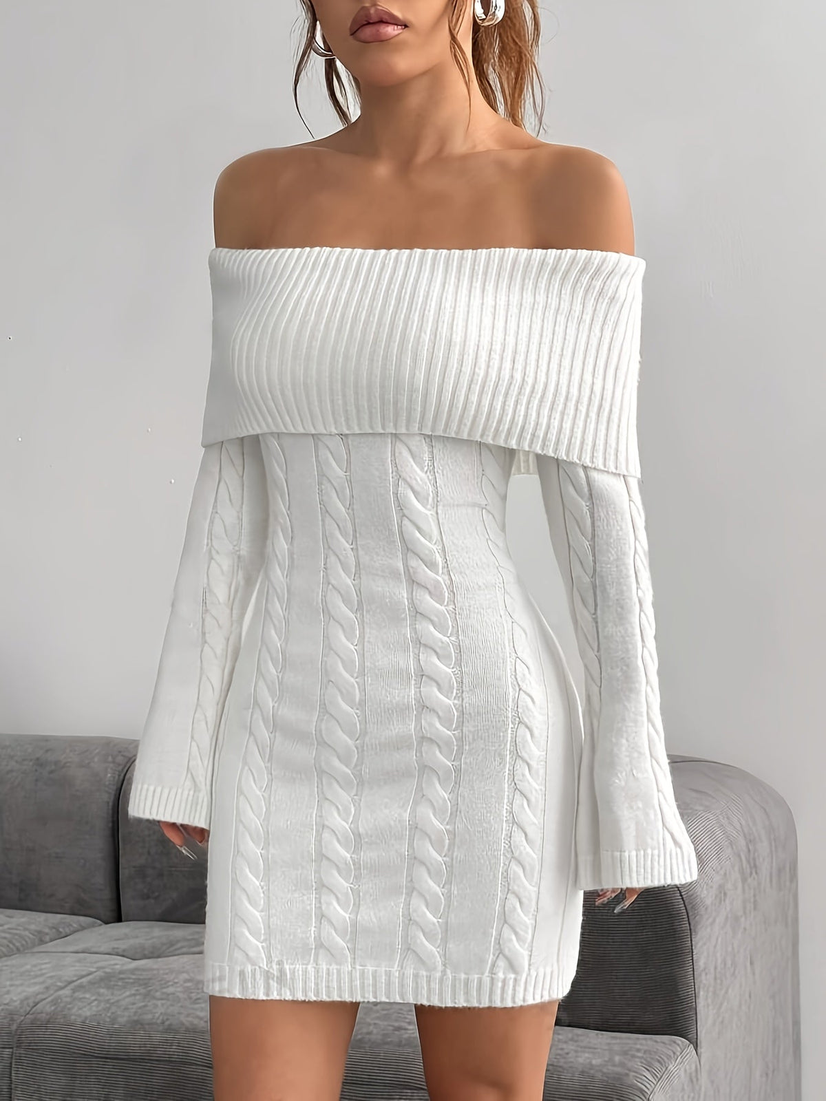 Off shoulder cable knit jumper dress with fold-over ribbed neckline and flared sleeves - view 3