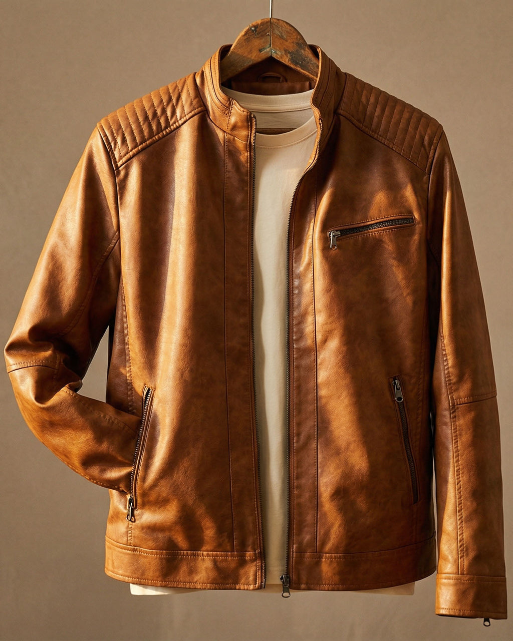 Men's faux leather café racer jacket with quilted shoulders, stand collar and zip pockets