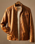 Men's faux leather café racer jacket with quilted shoulders, stand collar and zip pockets