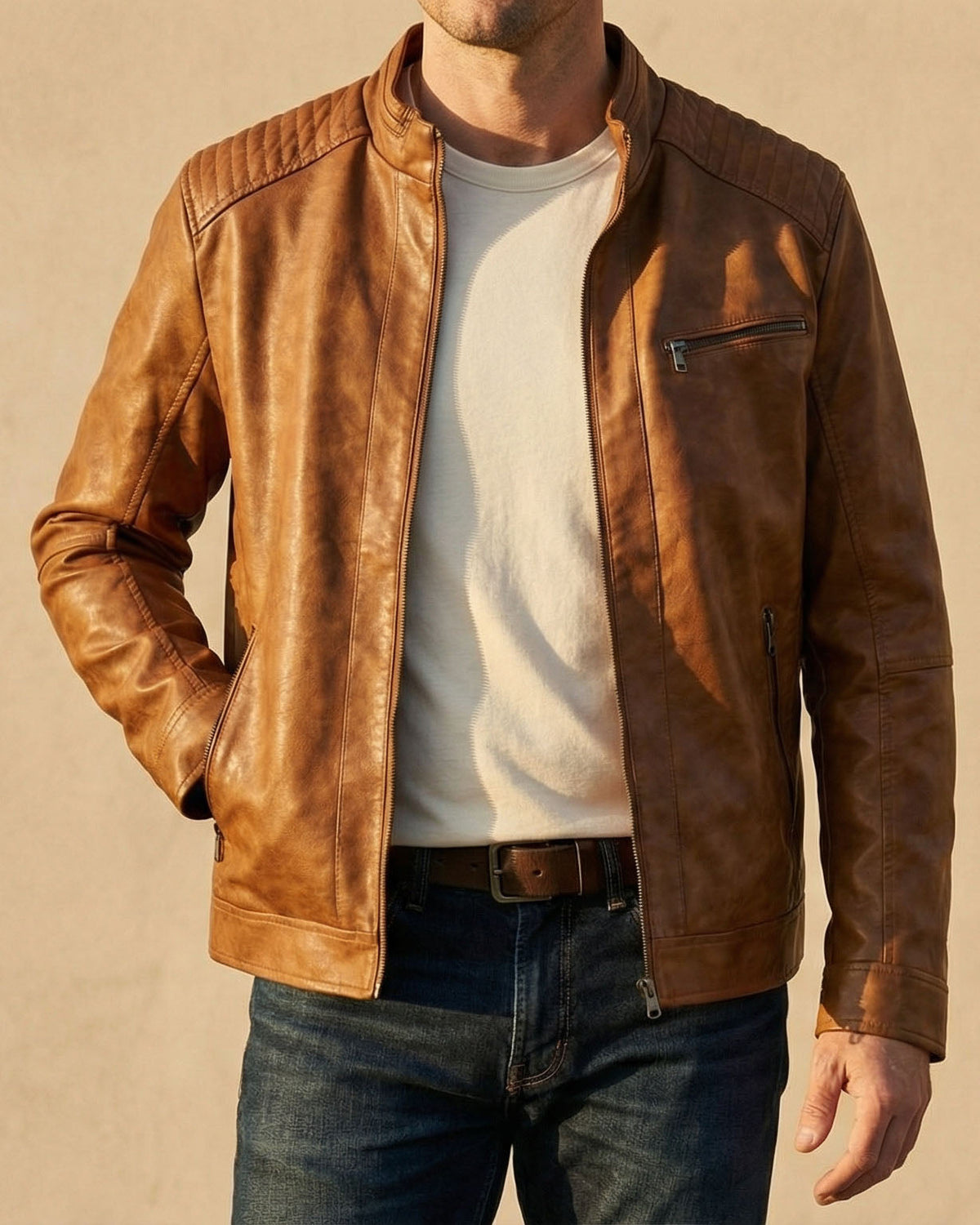 Men's faux leather café racer jacket with quilted shoulders, stand collar and zip pockets - view 7