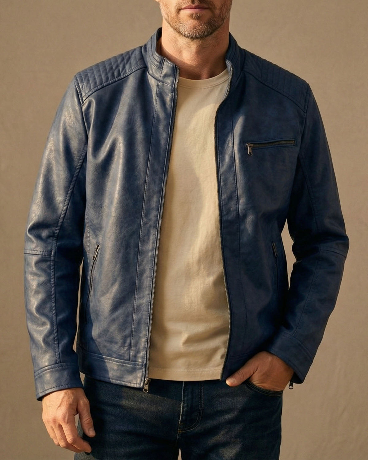 Men's faux leather café racer jacket with quilted shoulders, stand collar and zip pockets - view 8