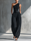 Black matching set with one-shoulder top and pleated wide leg pants