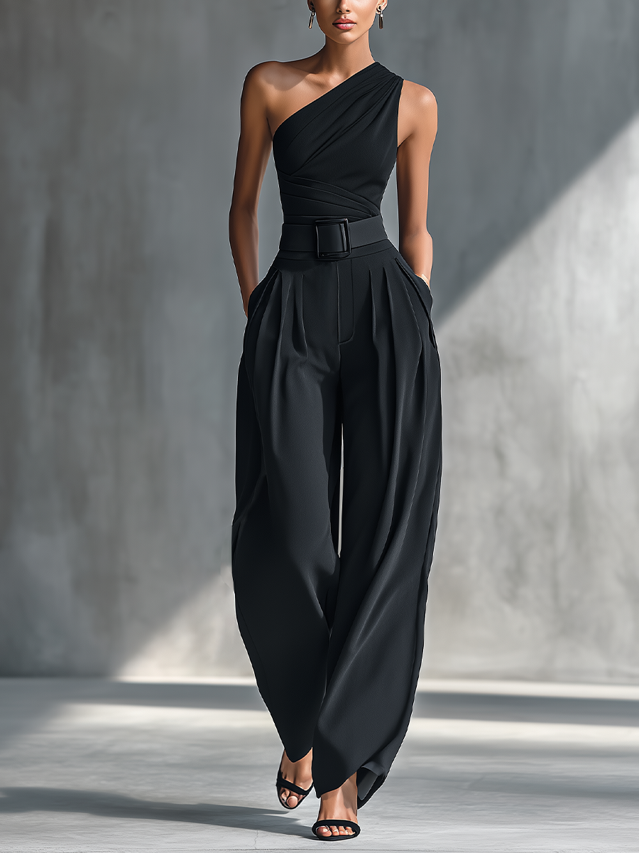 Black matching set with one-shoulder top and pleated wide leg pants