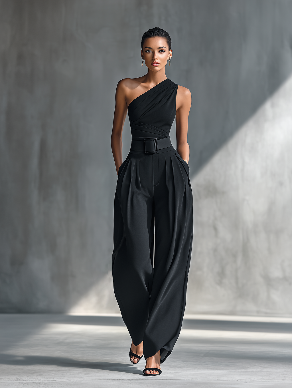 Black matching set with one-shoulder top and pleated wide leg pants - view 2