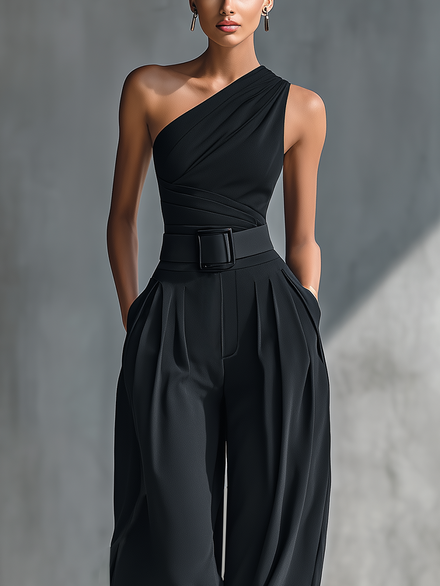 Black matching set with one-shoulder top and pleated wide leg pants - view 3